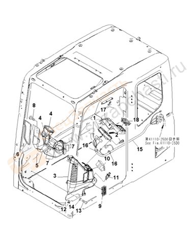 Fig. K1110-13e6 Floor Frame (Operator's Cab) (Monitor System) (Without Air Conditioner)(250001-)