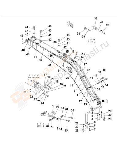 Fig. T1110-03a0a Boom (Arm Cylinder Line And Bucket Cylinder Line)(205851-250000)