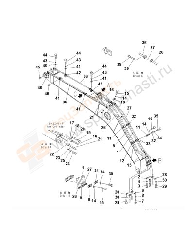 Fig. T1110-03b4 Boom (Arm Cylinder Line And Bucket Cylinder Line) (Cold Area Arrangement (-40))(255706-)