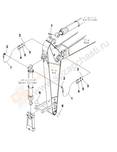 Fig. T1200-03a9 Arm (2.4m) (Bucket Cylinder Hose And Spacer) (100 Hours Lubricating)