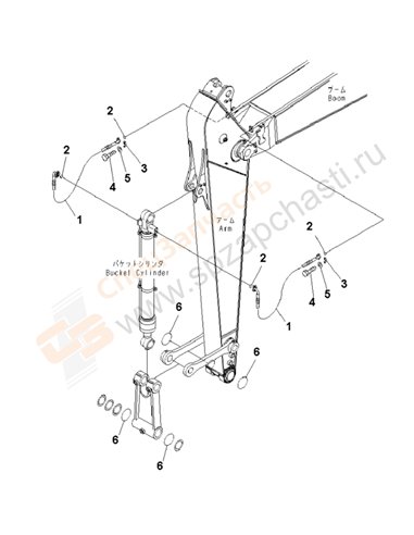 Fig. T1200-03d0 Arm (2.9m) (Bucket Cylinder Hose And Spacer) (100 Hours Lubricating) (Cold Area Arrangement (-40))(255706-)