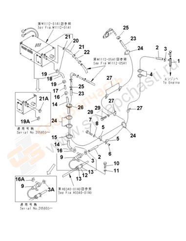 Fig. W1112-03a1 Pre Heater (Coolant) (Cold Weather A Spec.) (For Cab Heater)(202230-250000)